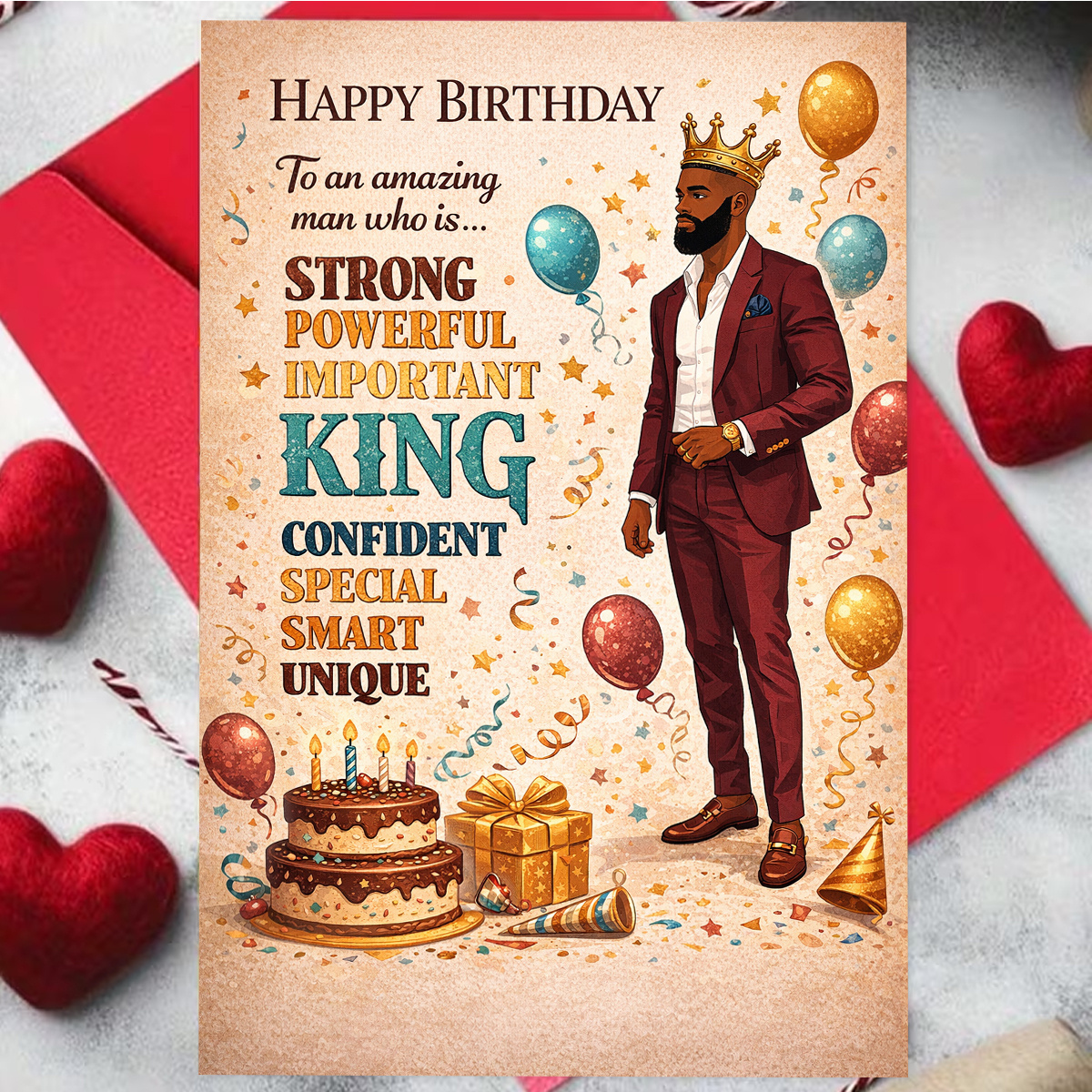 TEMU 1pc Birthday Greeting Card, Featuring A Stylish For Man With Crown, Balloons, Cake, And Gifts, With "to An Amazing For Man: King, Strong, ,