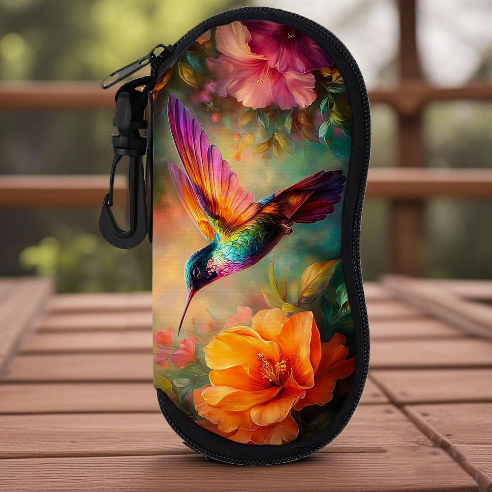 TEMU 1pc, Colored Hummingbird And Flower Pattern Glasses Case, Suitable For Travel Use, Zipper Glasses Protective Cover, Unisex Soft Glasses Case,
