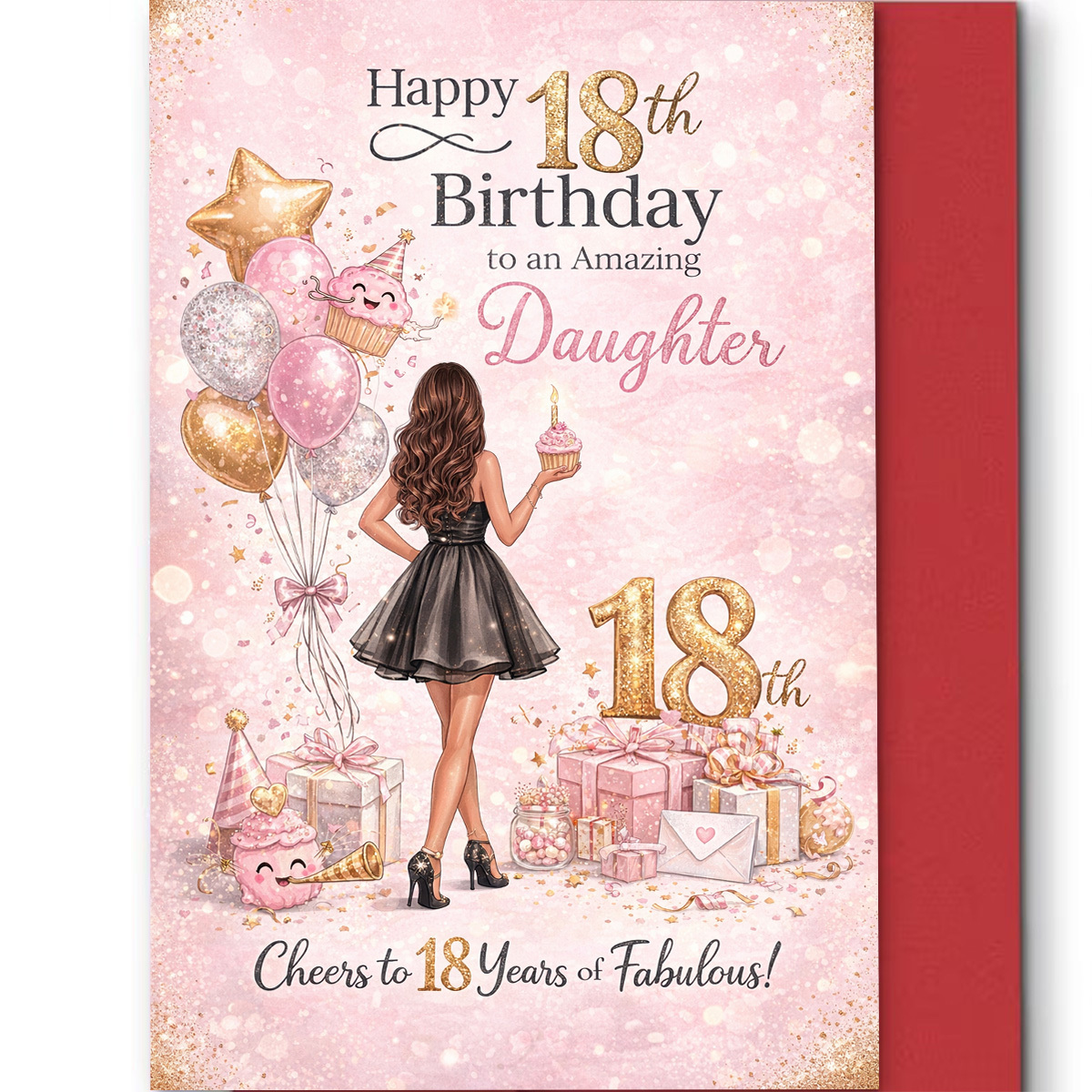 E-shop Glamouröse Geburtstagskarte mit einem Mädchen mit Cupcake-Luftballons Geschenken, "Prost auf 18 Jahre", geeignet für den 18. Geburtstag einer