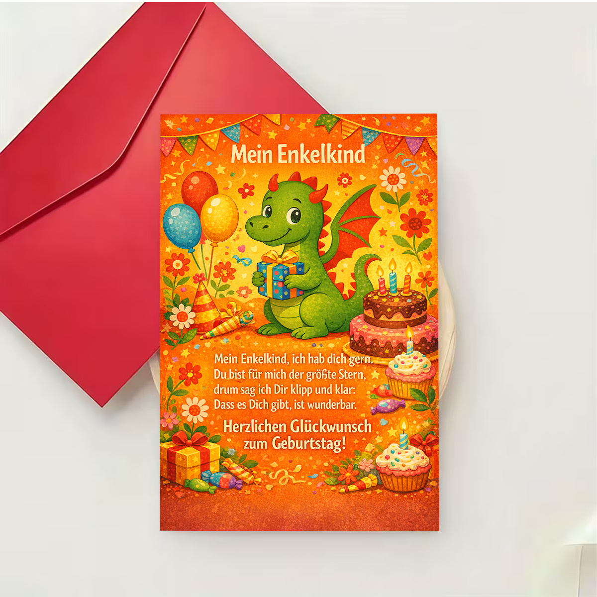 E-shop Fröhliche Geburtstagsgrußkarte mit einem niedlichen grünen Drachen mit einem Geschenk Kuchen, mit der Aufschrift „Alles Gute zum Geburtstag“,