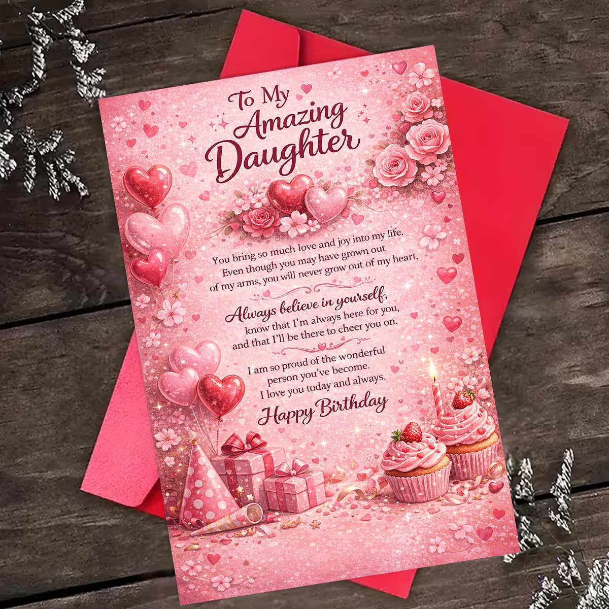 TEMU 1pc Sweet Birthday Greeting Card, Roses Cupcakes And Gifts "to Dear" Suitable For Daughter, Birthday Pastel Greeting Card
