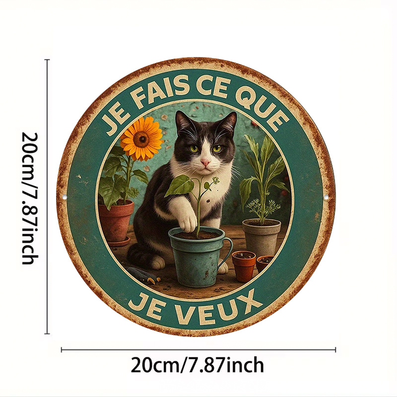 TEMU 1pc 20.32X20.32 Cm Panneau Mural Rond "Je Ce Que I Do " Française Décoration Thème Chat Adapté Pour, Café, Bureau, Jardin, Magasins de Chat -