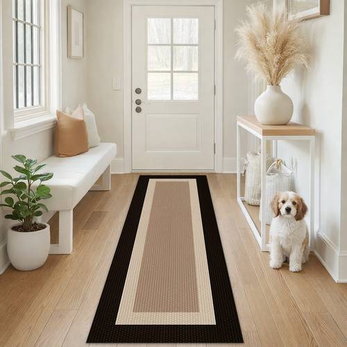 item picture long runner rug velvet luxurious soft mat non slip backing easy beige geometric border runner modern style easy to clean non slip suitable for indoor and outdoor use