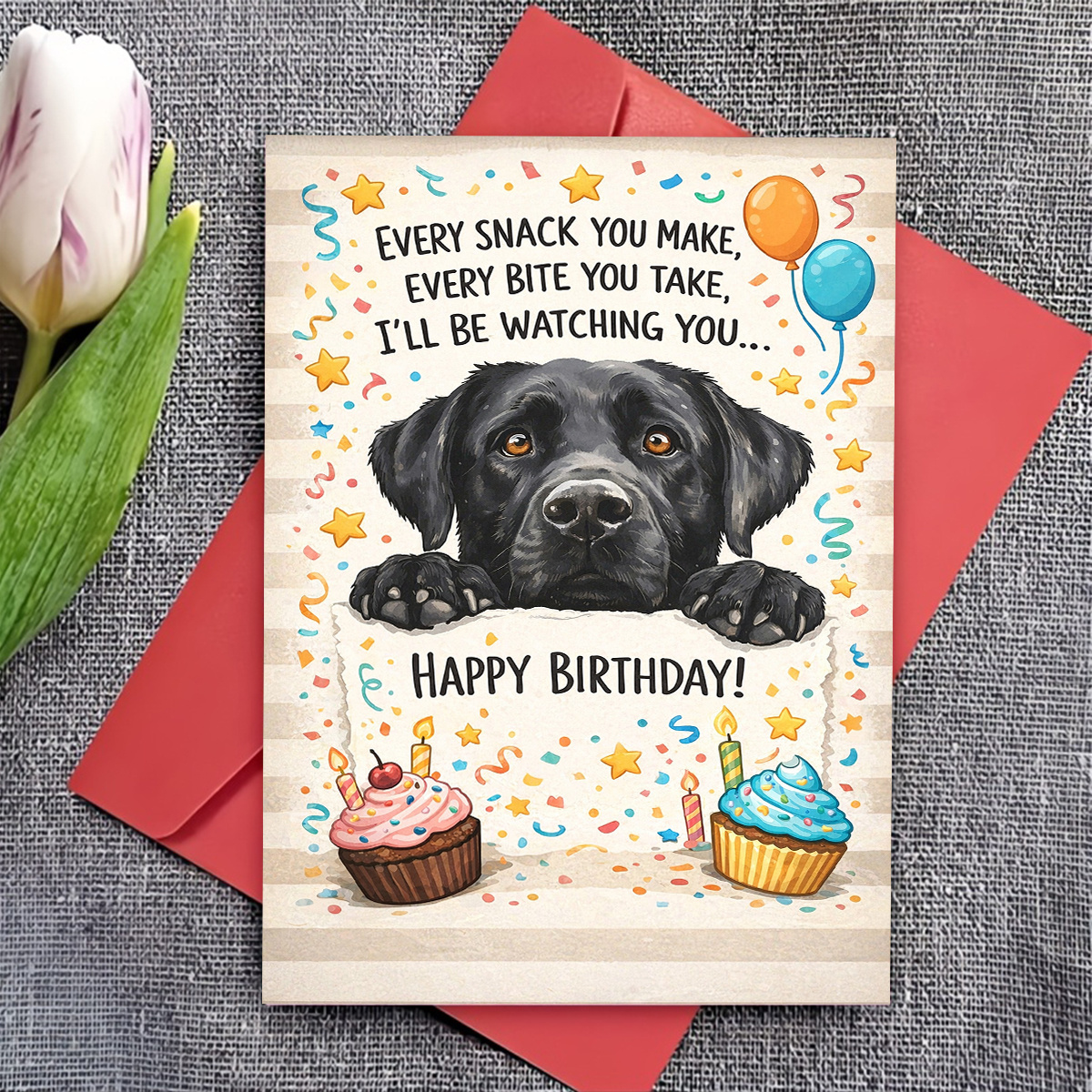 TEMU 1pc Birthday Greeting Card, Featuring A With Cupcakes And Balloons, And The Text " Snack You Make I' Be Watching You." Suitable For Dog Lovers,