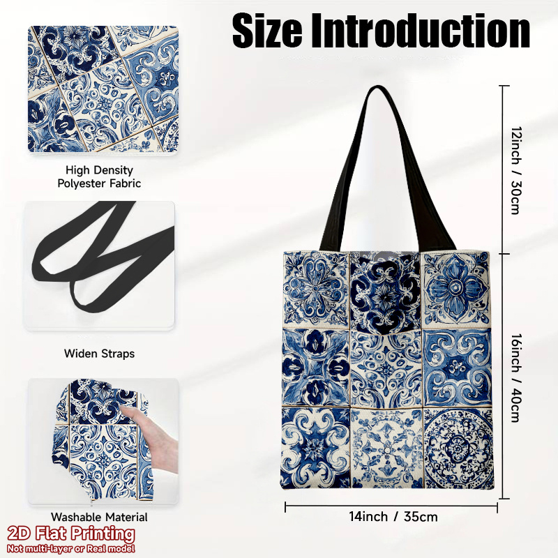 TEMU 1pc Large-capacity Shoulder Bag, Reusable, Stylish And Elegant, Blue Floral Ornamental Designs Pattern, Durable Polyester Material, Foldable,