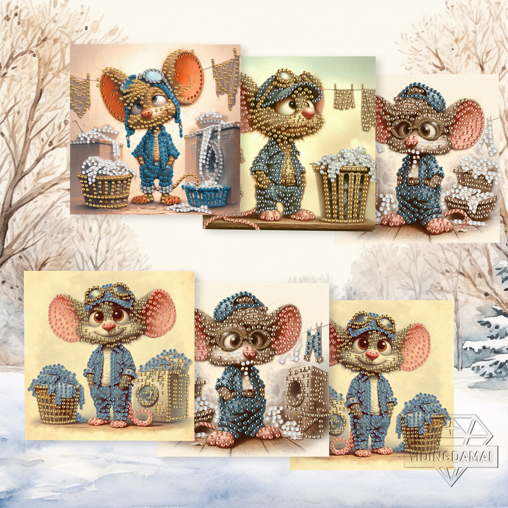 TEMU 6pcs Set 15.0x30.0cm/5.9x11.81in Diy Diamond Painting Greeting Card Invitation, Cartoon Vintage Mouse And Washing , Colored Painting Page For