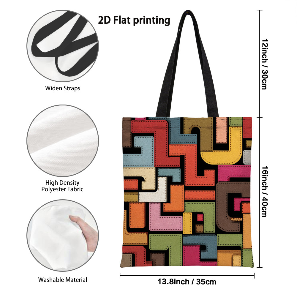 TEMU 1pc Of A Two-dimensional Colorful Geometric Shapes Canvas Tote Bag, Designed For Reuse As Grocery Bags, Showcasing Prints On Sides. Ideal For