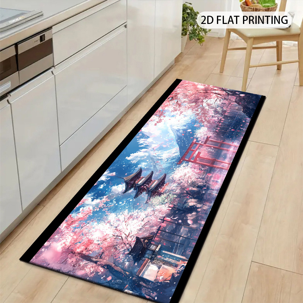 TEMU 1pc Modern Minimalist Japanese-style Cherry And Scenery Runner Rug | 2d Printed With Non-slip Backing, , Machine Washable And Easy To Care For,