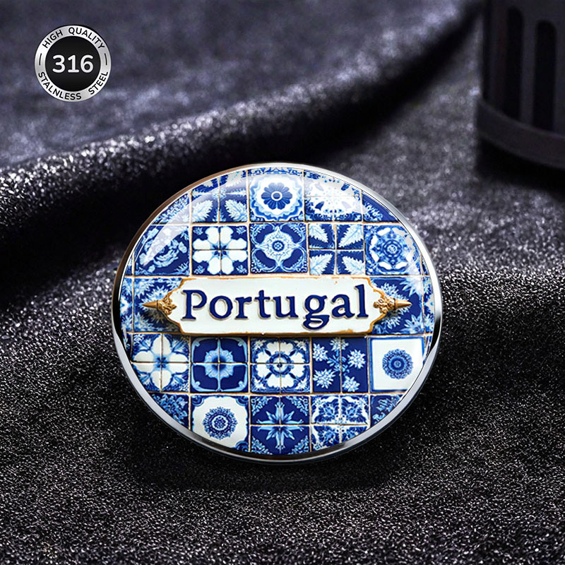 TEMU 2d Flat, 1pc 2d Flat Stainless Steel Brooch, Portuguese Blue And White Porcelain Pattern Brooch For Women, Brooch Jewelry, Men's Brooch, Pin And