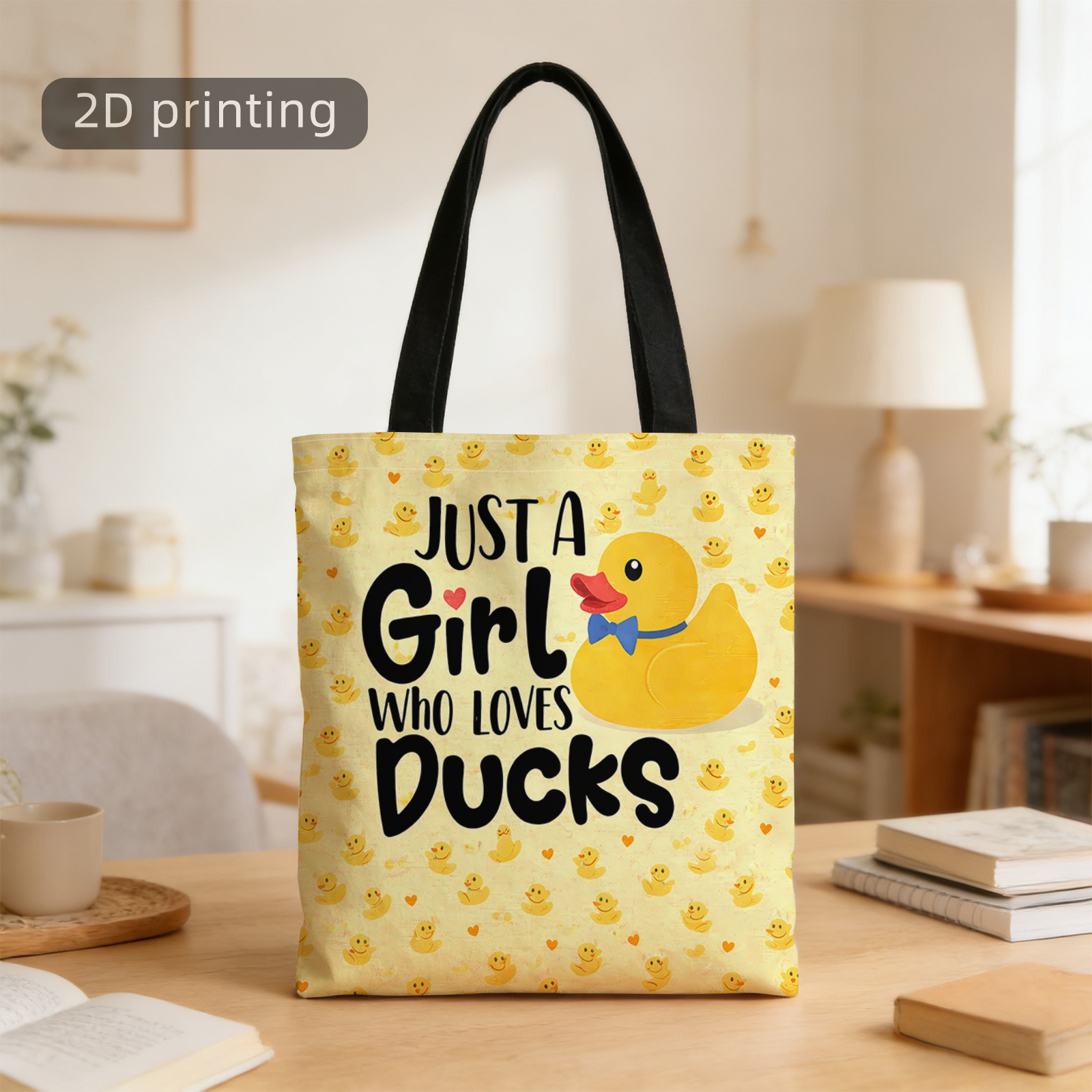 TEMU 1pc 2d Printed Tote Bag,, Ducks, Duck, Hearts, Yellow Background, Reusable, Stylish Shoulder Bag, Tote Bag, Shopping Bag, Suitable For Shopping,