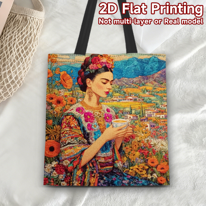 TEMU A Tote Bag With Double-sided Printing, 1pc, 2d Flat Print, Fashionable Print. Tote Bag With Colorful Floral Portrait_1, Made Of, Ideal As A