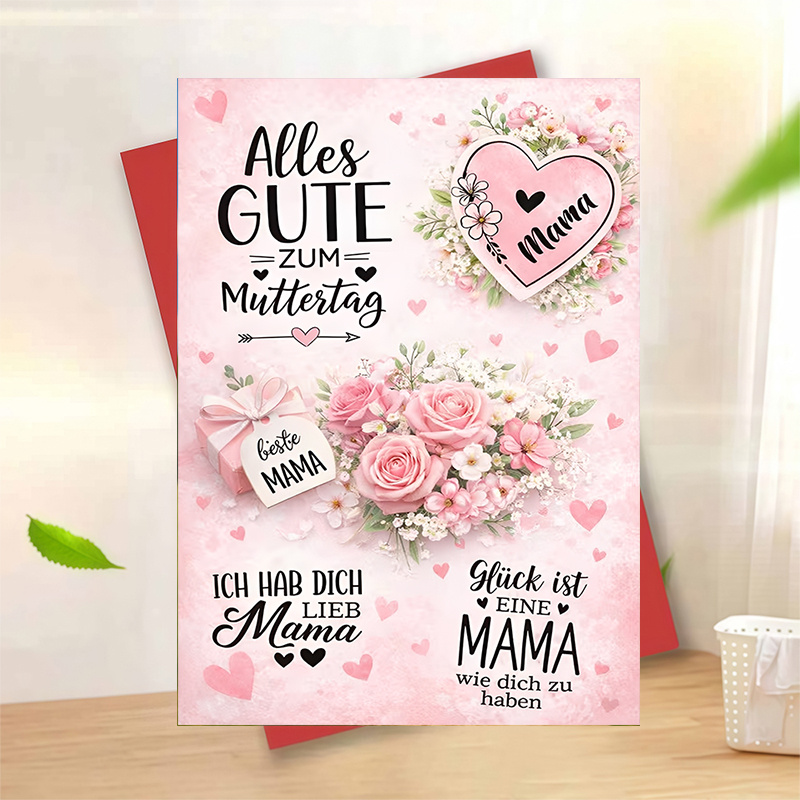 E-shop 1 Stück Muttertags-Grußkarte mit rosa floralem Herz-Design, Thema „-Liebe“ für Ehefrau, Mutter, Oma von Tochter oder Sohn, durchdachtes Geschenk