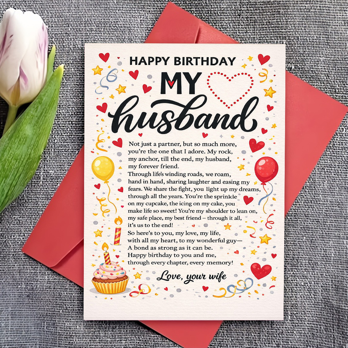 TEMU 1pc Birthday Greeting Card, Featuring Balloons, Hearts, Confetti, A Cupcake, And Candles, With "happy Birthday My Your Wife." Suitable For A