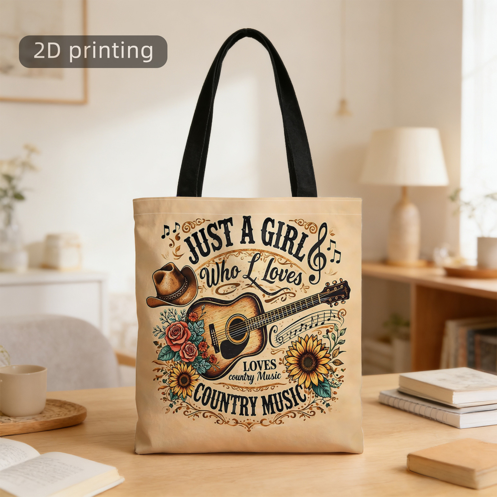 TEMU 2d Printed Tote Bag, Country Music, Guitar, Cowboy Hat, Flowers, Love, Reusable, Stylish Shoulder Bag, Tote Bag, Shopping Bag, Suitable For