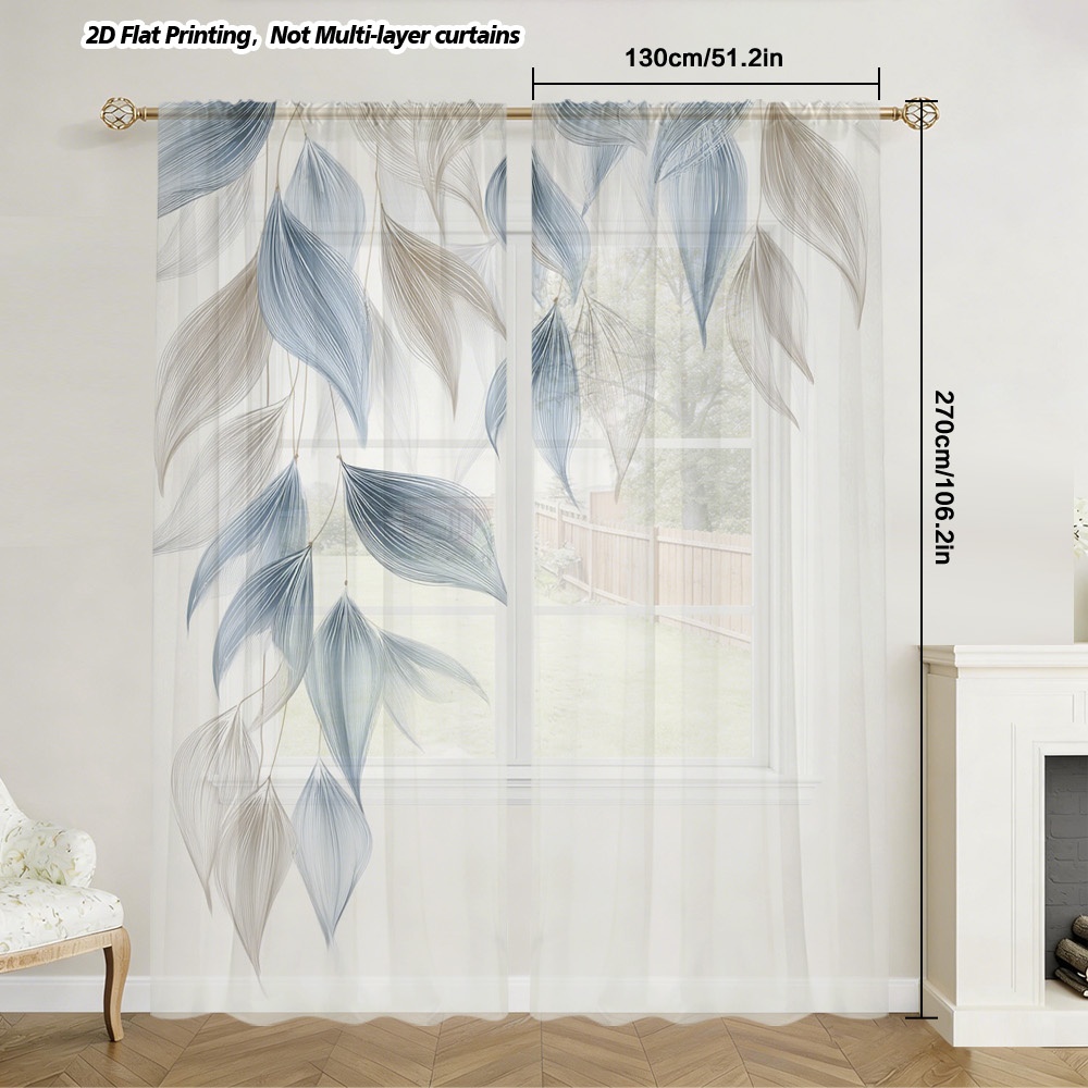 TEMU 2d Flat - 2d Flat - Set Of 2 And Beige Leaf-patterned Curtains Made From Polyester. Featuring A Rod , Drapes Are Ideal For A Romantic Touch To