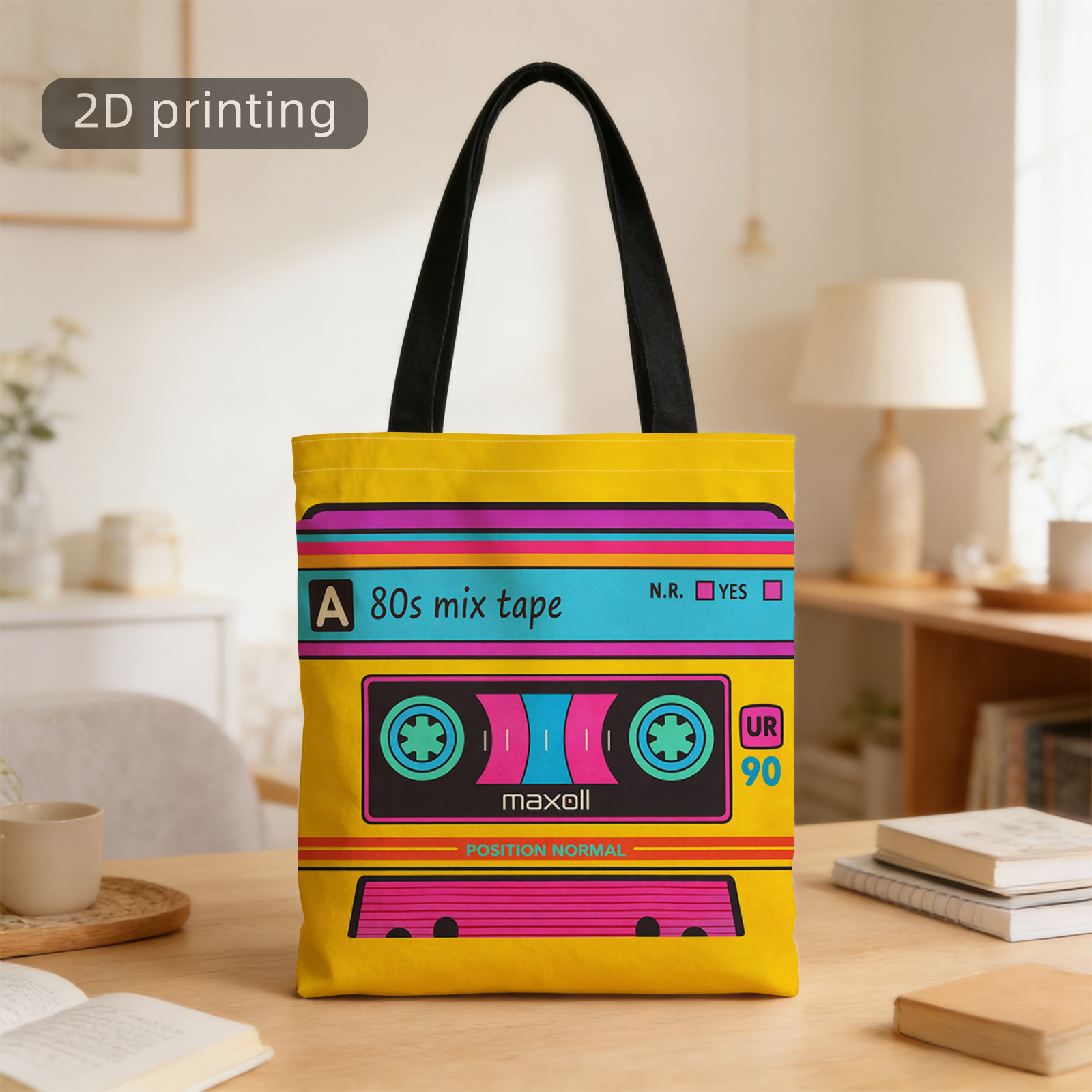 TEMU Bolso Tote con Estampado 2D, Casete, de los 80, Maxell, Retro, Colorido, Reutilizable, Bolso de Elegante, Bolso Tote, Bolso de Compras, Adecuado