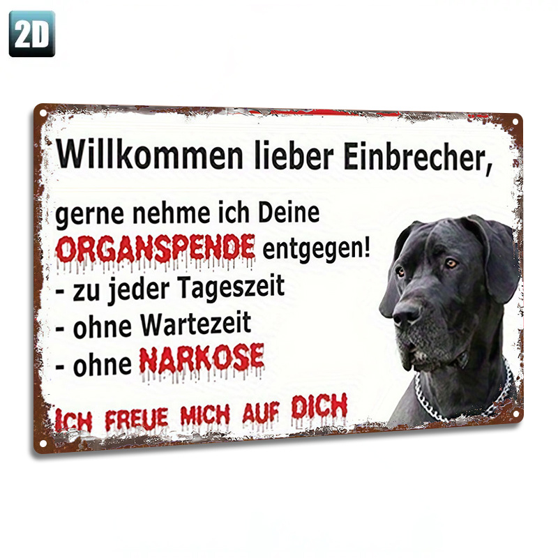 E-shop 2D Flat - 1 Stück Metallschild, 2D Flat, "Willkommen Einbrecher Eisen Schild mit humorvollem Text und Hunde-Bild". Lustige Dekoration, Zuhause,