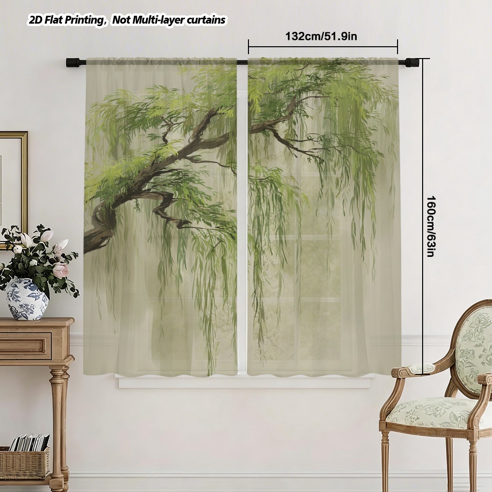 TEMU 2d Flat, 2pcs 2d Flat Branches Polyester Gauze Drapes, Elegant & , Designed With A Rod Pocket For Easy Hanging. Light-filtering Curtains Are, To