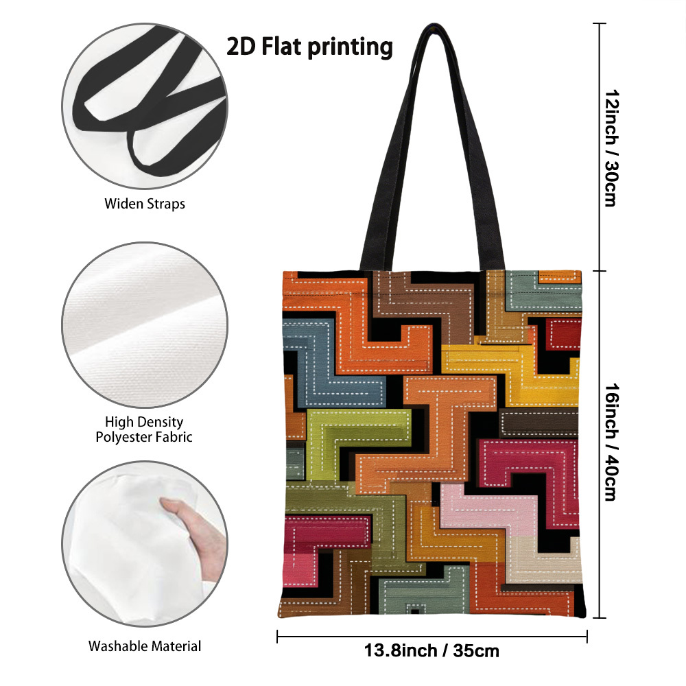 TEMU 1pc Of A Two-dimensional Colorful Geometric Shapes Canvas Tote Bag, Designed For Reuse As Grocery Bags, Showcasing Prints On Sides. Ideal For