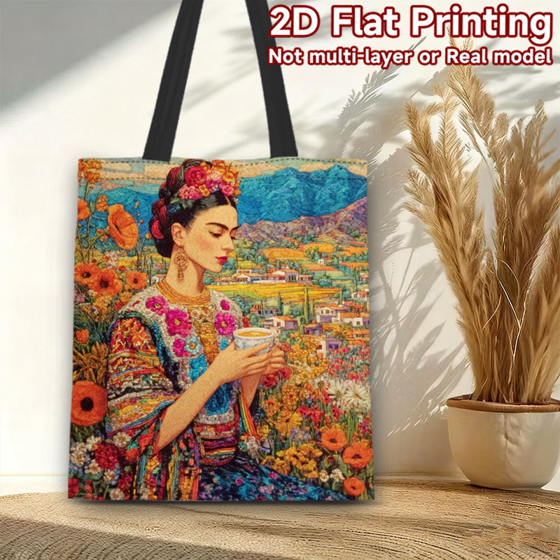 TEMU 1pc, 2d Flat Printing, Fashion Printed Tote Bag, Colorful Floral Portrait 1, Material, Very Suitable As A Spacious Shopping Bag, With Fixed
