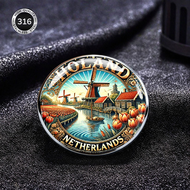 TEMU 2dflat Windmill Tulip Pattern Stainless Steel Brooch Souvenir Fashion Backpack Clothing Accessory Rustproof Scratch Resistant Metal Badge Dutch