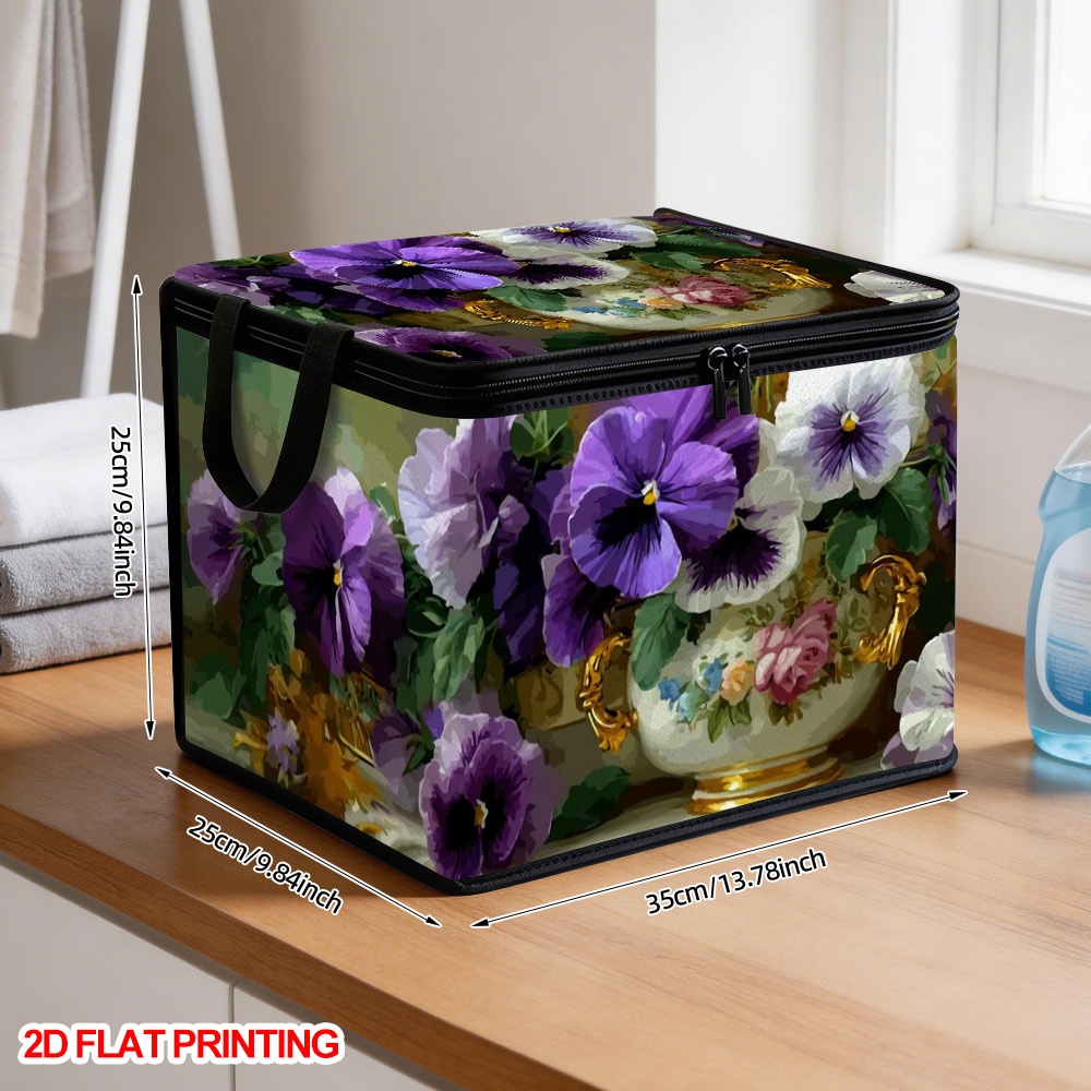 TEMU 1pc 1pcs Suitable For Bedroom, Bathroom & Laundry Oxford Cloth Storage Basket With Lid - Vibrant Pansy Bouquet Rectangular Hamper, Lid & For