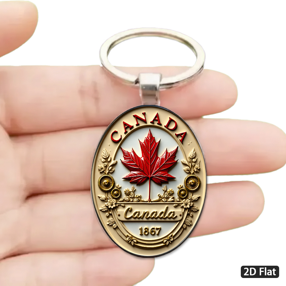 TEMU Plat 2D, 1 pièce Porte-clés plat 2D avec insigne d' et feuille d'érable vintage, Pendentif en émail sur le thème "CANADA", Motif floral avec