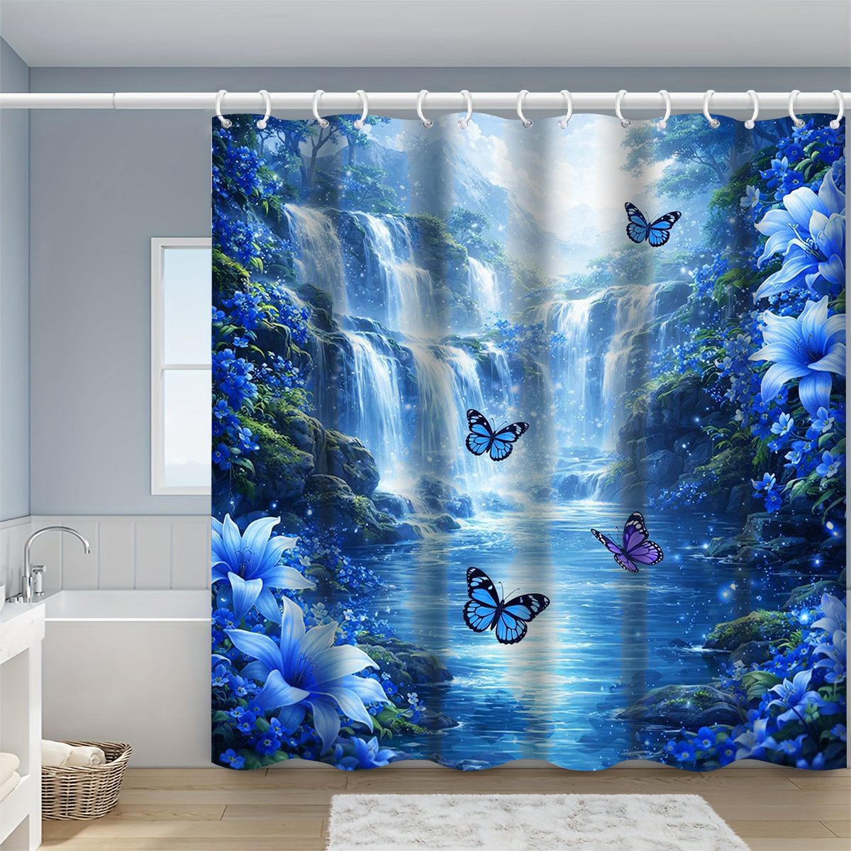 TEMU 1pc Blue Waterfall And Shower Curtain, Bathroom Decor, Options (120x180cm, 150x180cm, 180x180cm, 180x200cm, 240x200cm), Includes Hooks, Bathroom