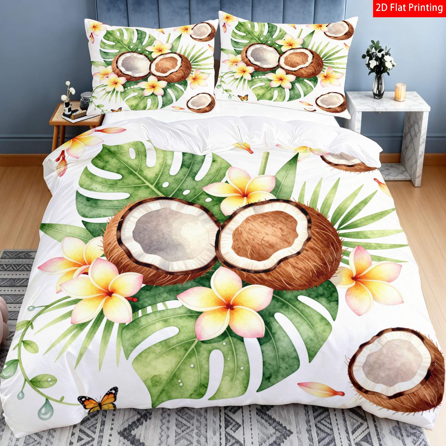 TEMU Parure de lit 2/3 pièces avec housse de couette à impression 2D plate, motif tropical bohème et , feuilles et fleurs aquarelle , marronnes et