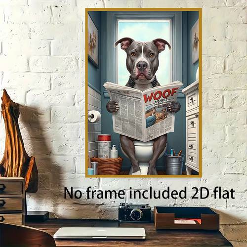 item picture 2d flat 1pc frameless canvas painting adorable dog reading newspaper in blue bathroom suitable for room decor modern minimalist bath d cor cozy puppy picture for decoration