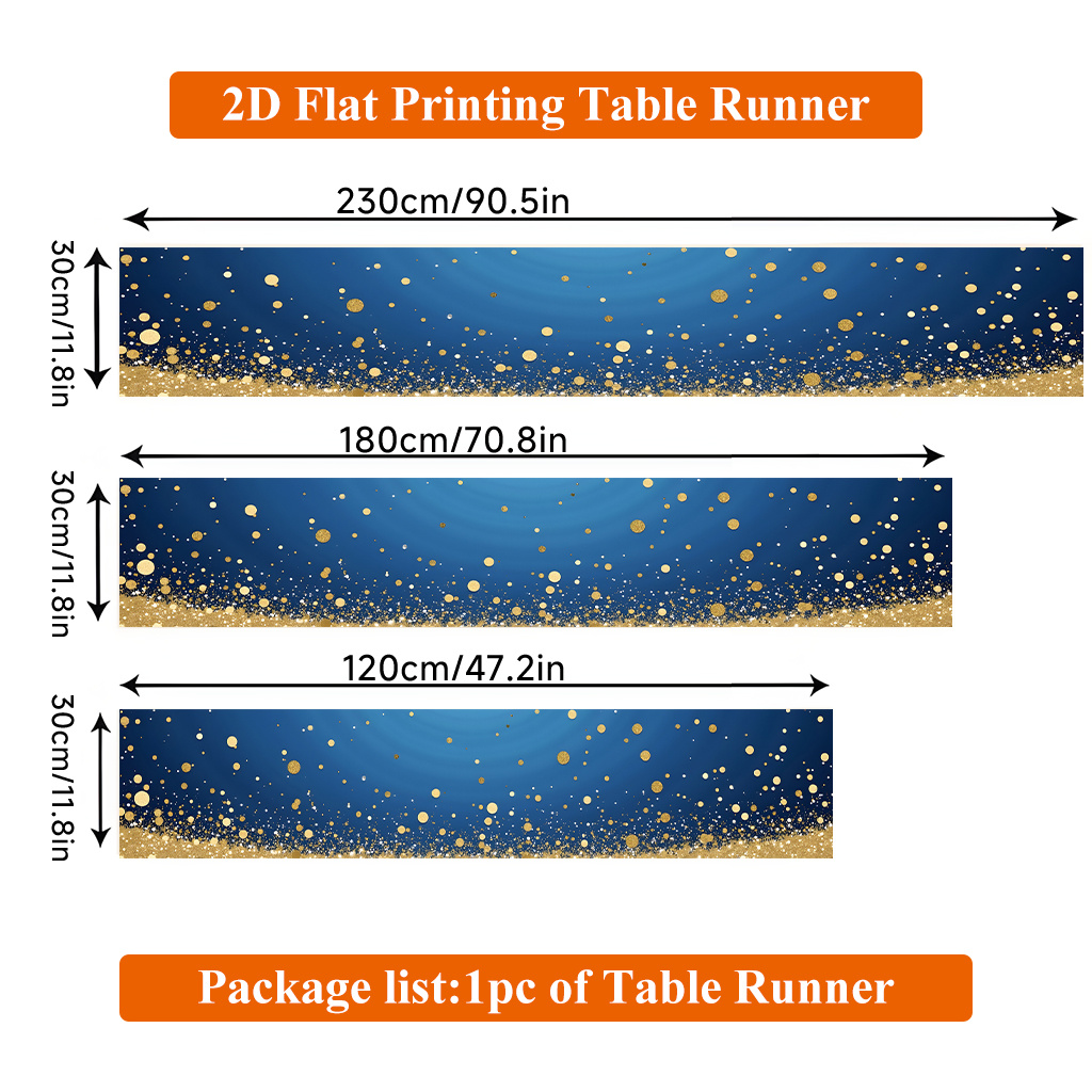 TEMU Chemin de table plat 2D à imprimé 1pc, chemin de table en polyester bleu foncé avec des points dorés, rectangulaire, pour table à manger,