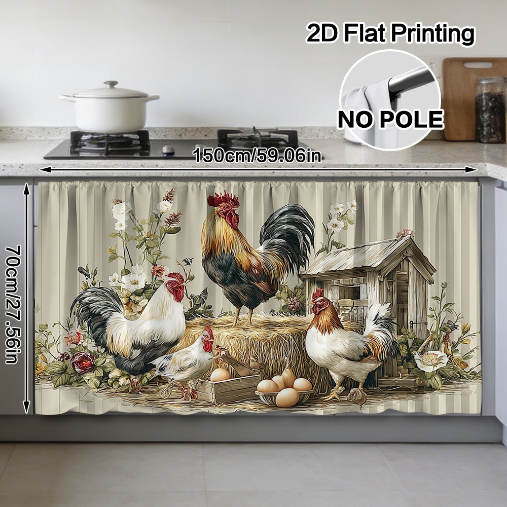 TEMU 2d Flat - 2d Flat - 2d Flat, Single Piece Of Rooster And Hen Farm Pattern Curtain And Cabinet Decoration - Made From Polyester, For Easy To