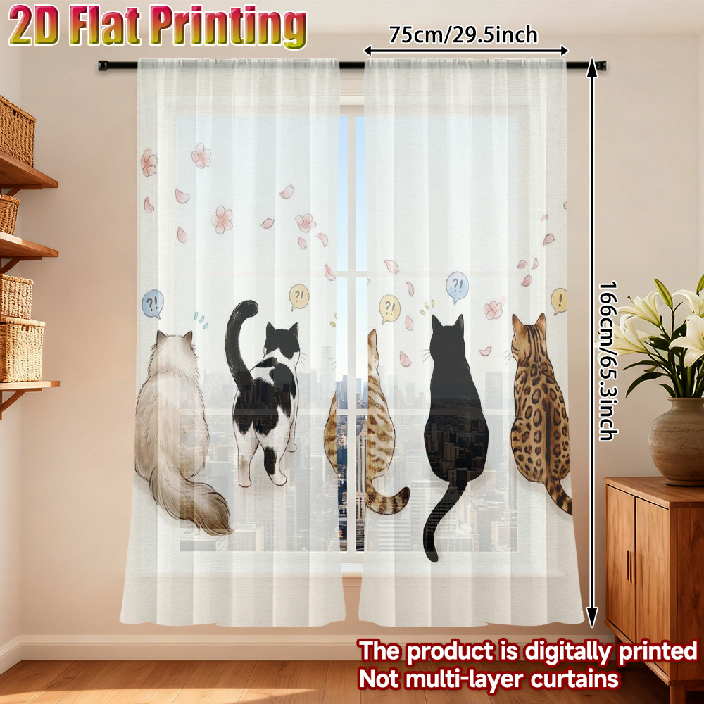 TEMU 2d Flat Print,2pcs Cats Sitting In A Row Room Window Screen Semi-transparent Privacy Gauze, Polyester Chiffon, (rod Not Included) Soft Light