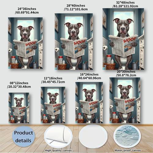 2d flat 1pc frameless canvas painting adorable dog reading newspaper in blue bathroom suitable for room decor modern minimalist bath d cor cozy puppy picture for decoration