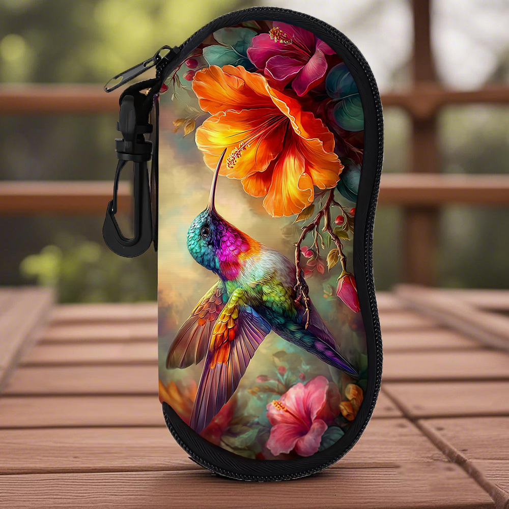 TEMU 1pc Romantic Hummingbird & Flower Eyeglass Case Suitable For , Scratch-resistant Protective Cover With Zippered Pouch, Cute Glasses Holder For