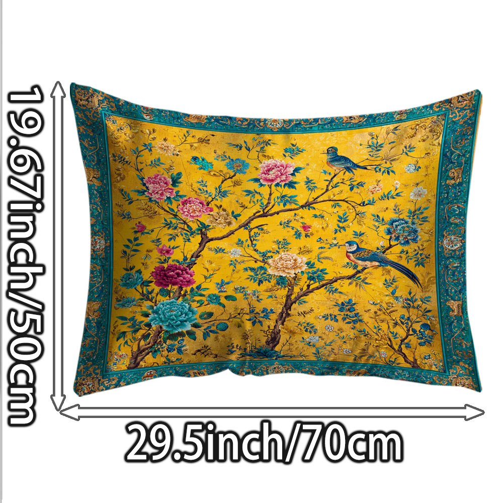 TEMU 1 taie d'oreiller en soie de imprimée avec motif floral et oiseaux sur les branches, fond jaune, décoration intérieure, housse d'oreiller rétro