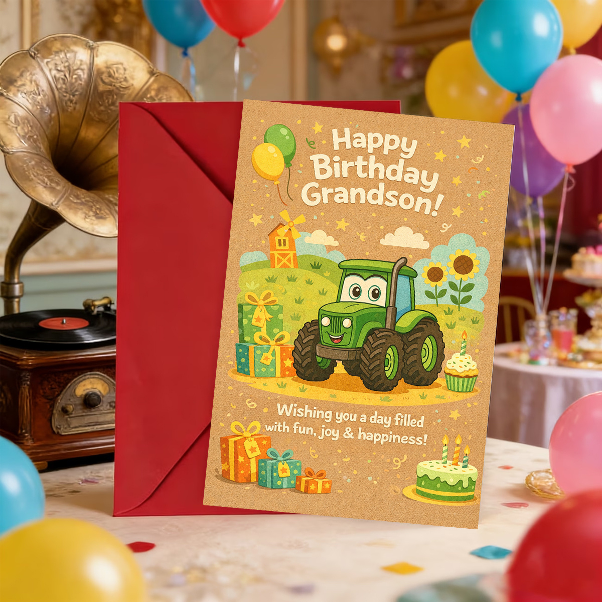 TEMU 1 Carte de vœux d'anniversaire , tracteur vert avec cadeaux et ballons "Je vous souhaite une remplie de plaisir et de joie", convient pour