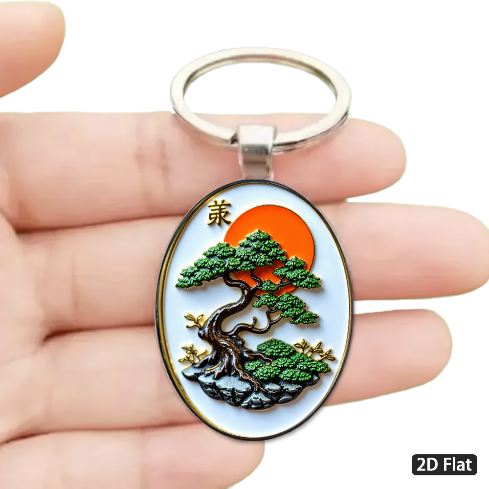 TEMU 2D - 1pc 2D , Llavero Temático Bonsái Zen Japonés Diseño Dorado "Milyagi-Do" Elegante y Fácil, Vegetación Naranja Sol Estética Metal/ Adecuado