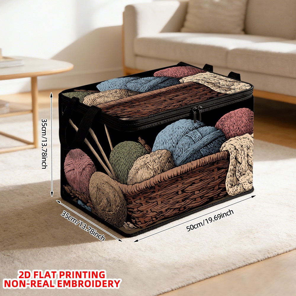 TEMU 1pc Basket Of Colorful Yarn Print Polyester Storage Bin, Shelf Baskets, Clothing Storage Basket | Lidded Organizer For Laundry, Holiday Decor,