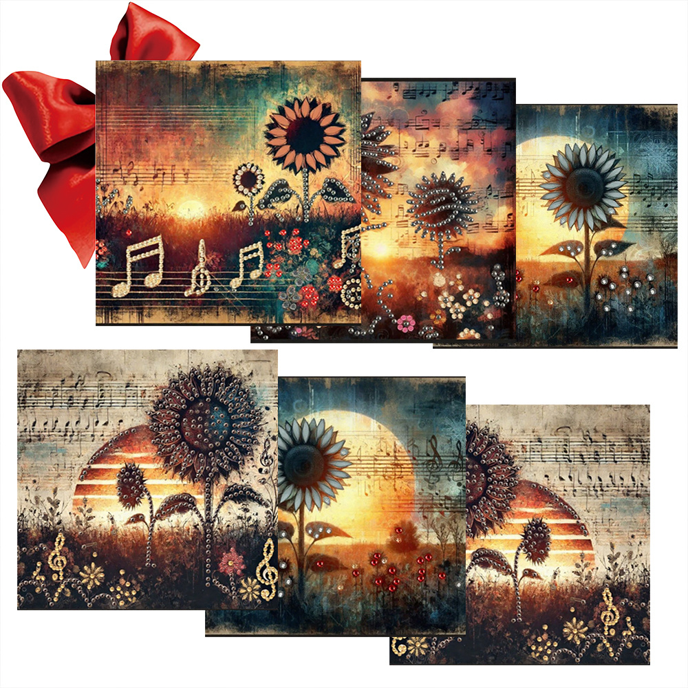 TEMU 6 stuks Unieke en Creatieve Cartoon Retro Distressed Style Daisy Bloem Muziek Score Thema Verjaardagskaarten, Design. Ronde Strass Schilderij