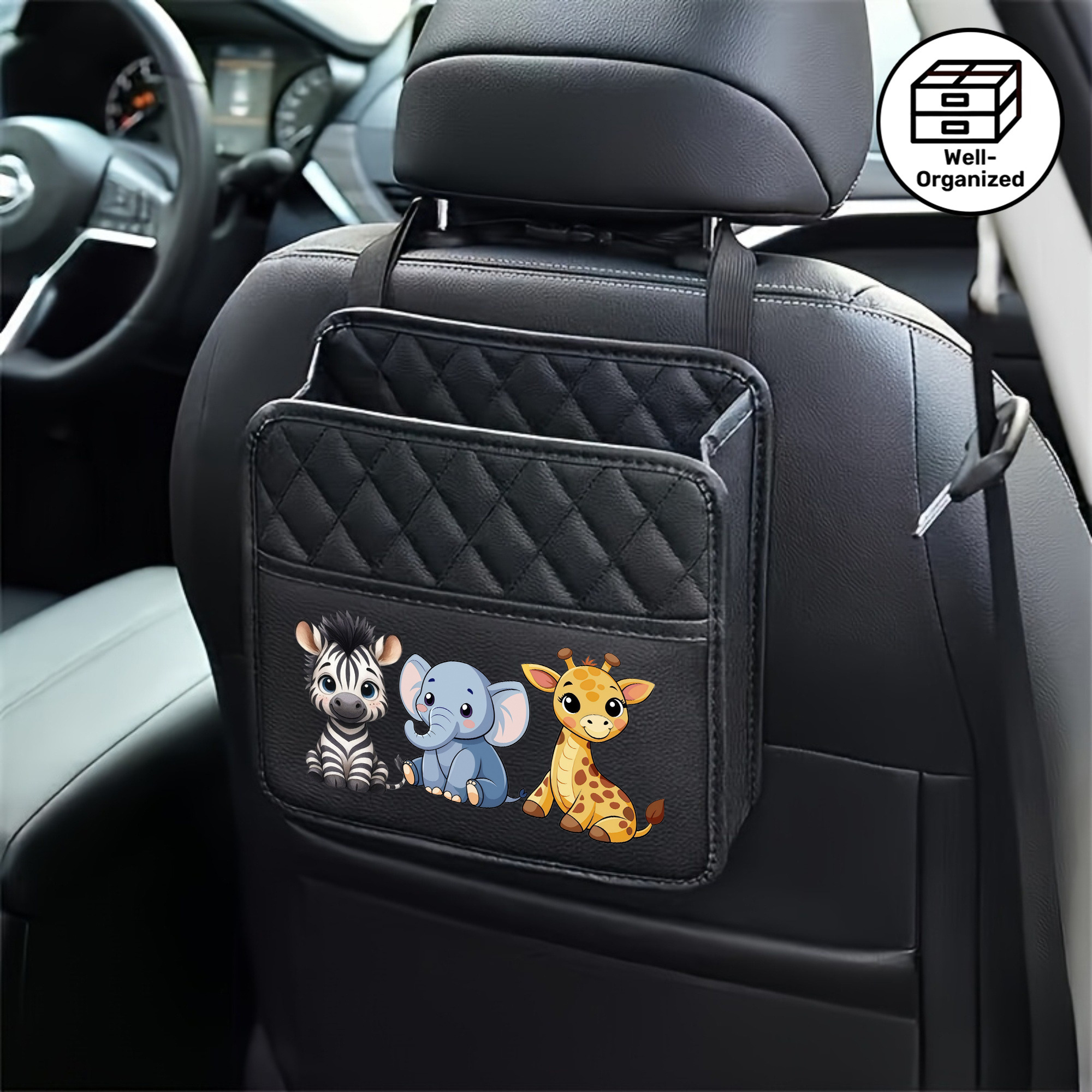 TEMU Cute Animal-themed Car Seat Back Storage Bag, Zebra Elephant Giraffe, Car Storage Box, Made Of Pu Leather Material, Storage Bag For Mobile