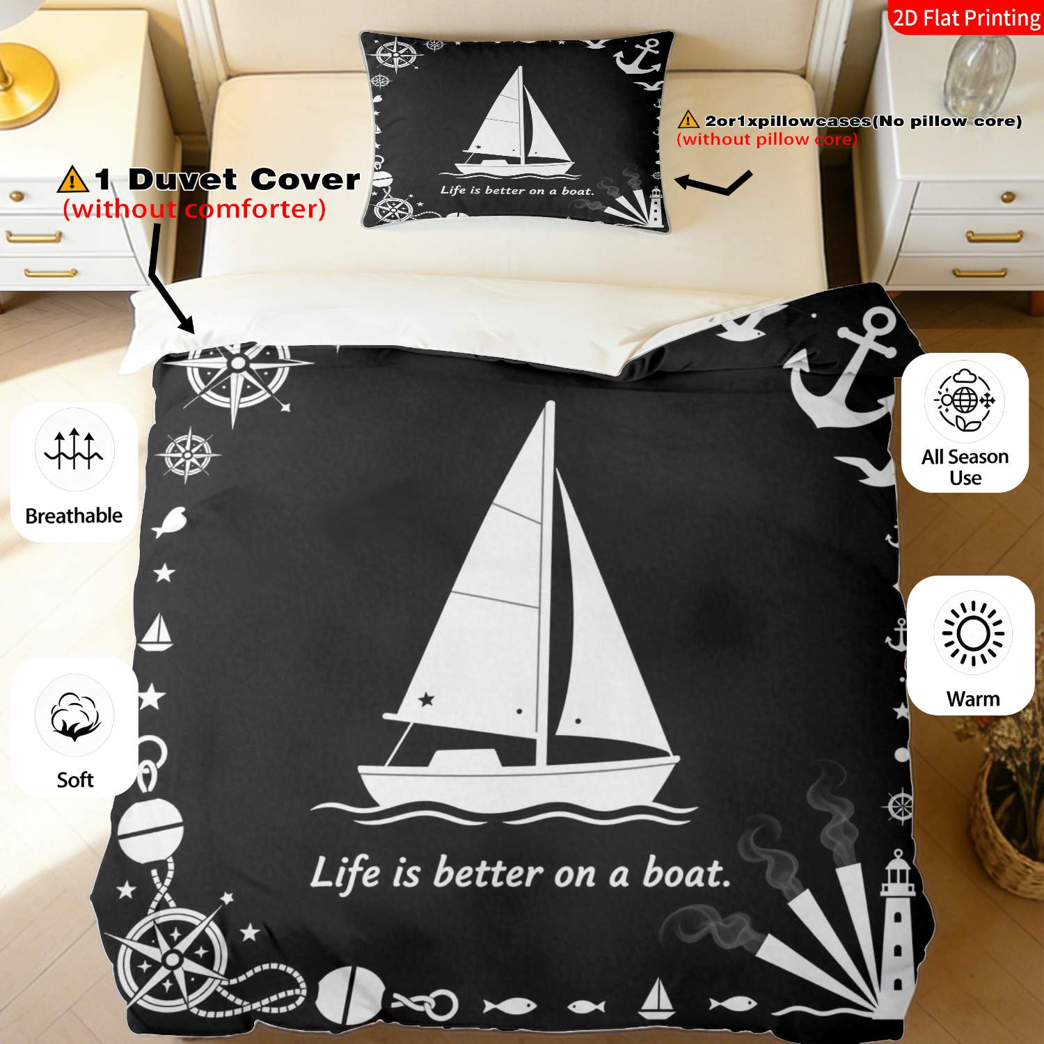 TEMU 2pcs/3pcs Nautical Bedspread With Sailboat Anchor & Compass Print - Modern Maritime Bedding Suitable For, Zippered Duvet Cover & Pillowcases,