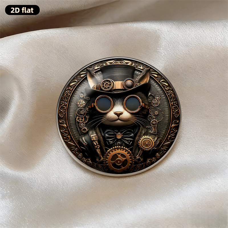 TEMU Broche 2D Flat - 2D FLAT de gato Steampunk con gafas y engranajes, acero inoxidable con de cristal redonda, accesorio de moda versátil para