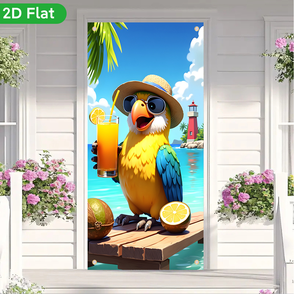 TEMU 2d Flat, 2d Door Banner, 2d Flat Banner Door Curtain 1pc, Parrot Beach Drink, Printed Door Curtain, Suitable For Entrances, Gardens, Family