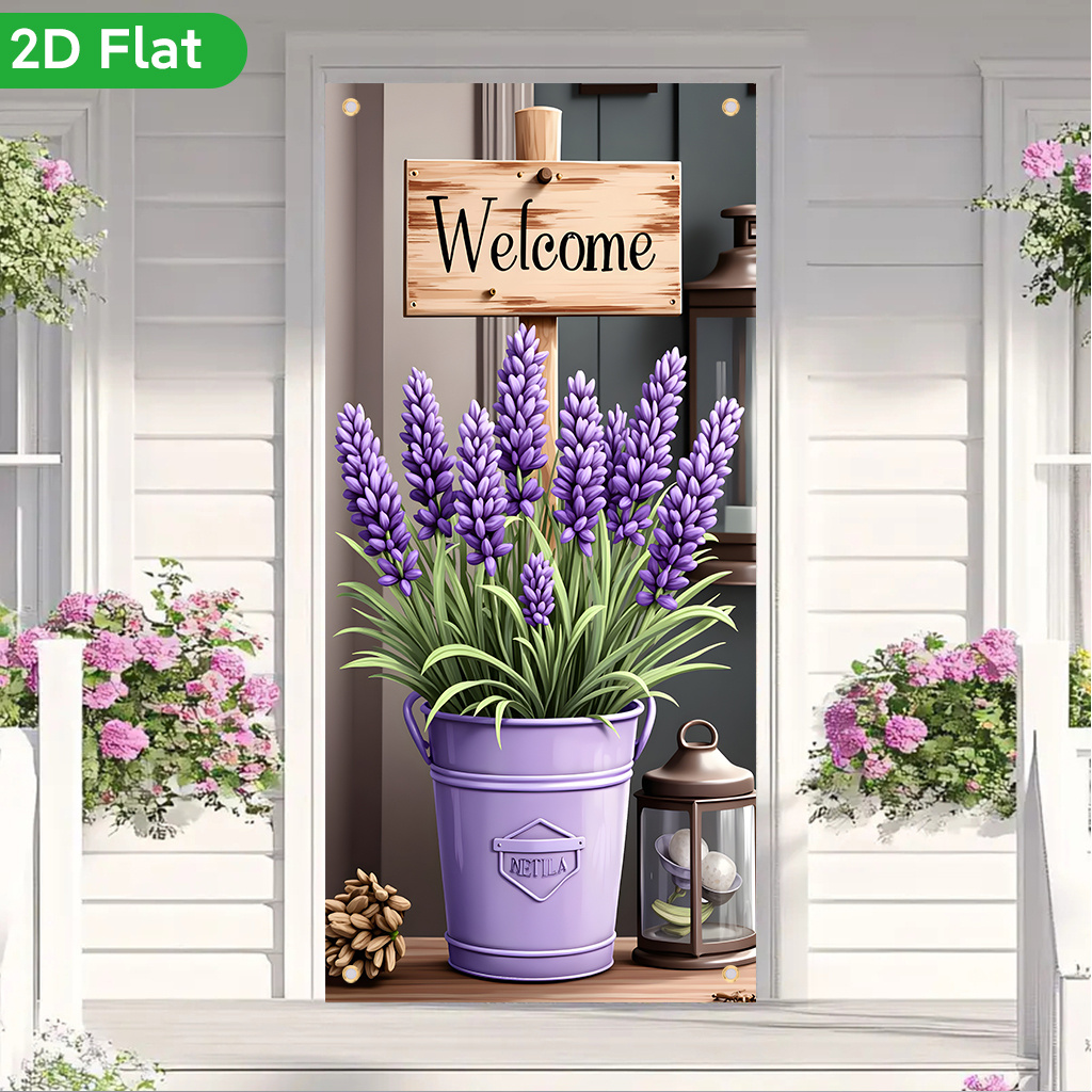 TEMU 2d Flat Banner Door Curtain 1pc, Welcome Lavender Pot, Printed Polyester Door Curtain, Suitable For Entrances, Gardens, Family Gatherings, And