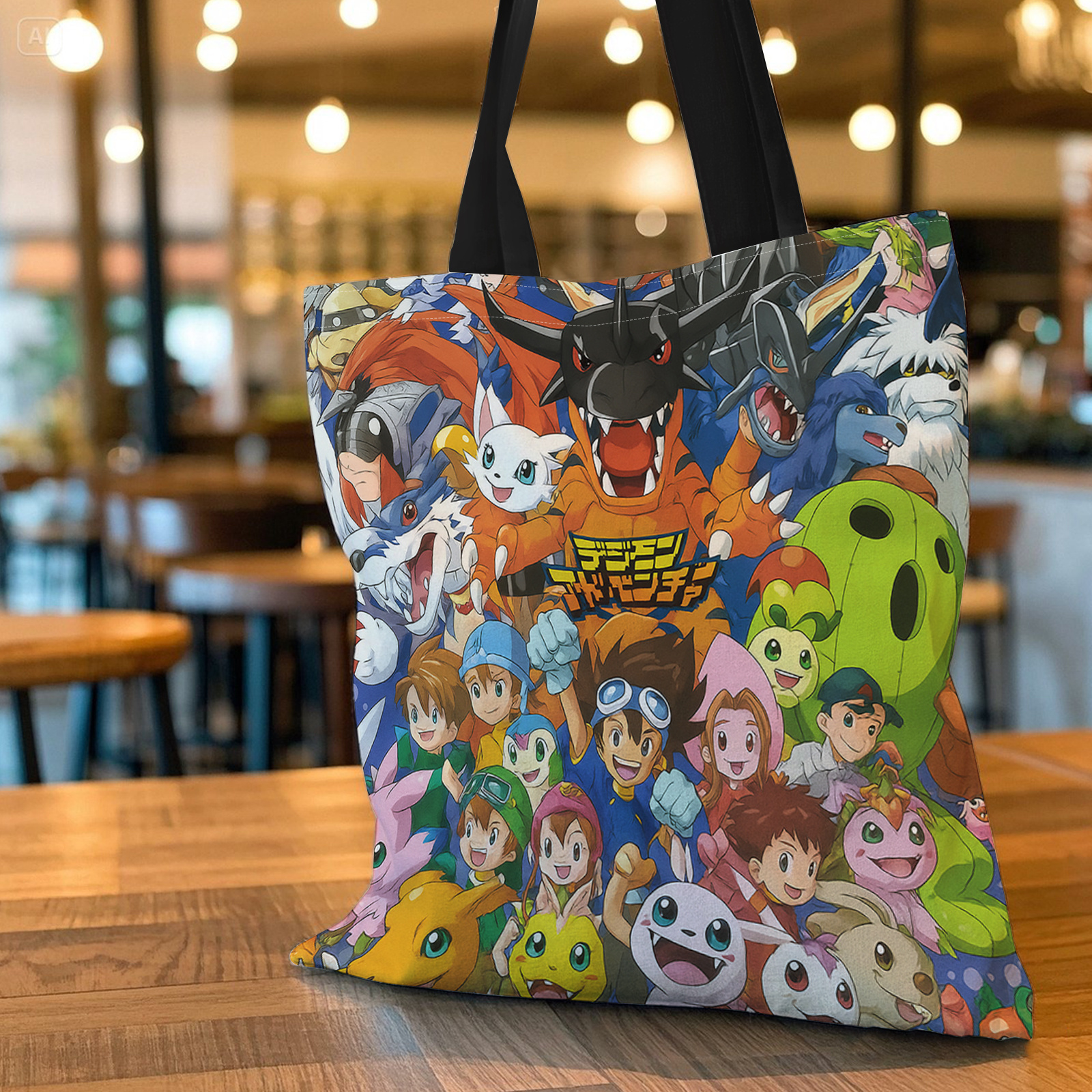 TEMU 1pc Large Capacity Durable Tote Bag - Digital Monsters, , Cartoon Characters - Suitable For Travel, Daily Commuting, Shopping, Spring , Picnics,