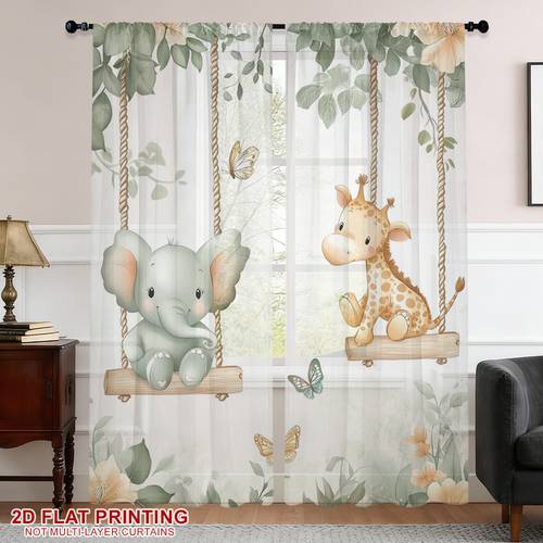 2pcs cute jungle animals playing sheer curtains living room bedroom nook decor home decor artistic minimalist home decor modern sheer curtains home styling ornament