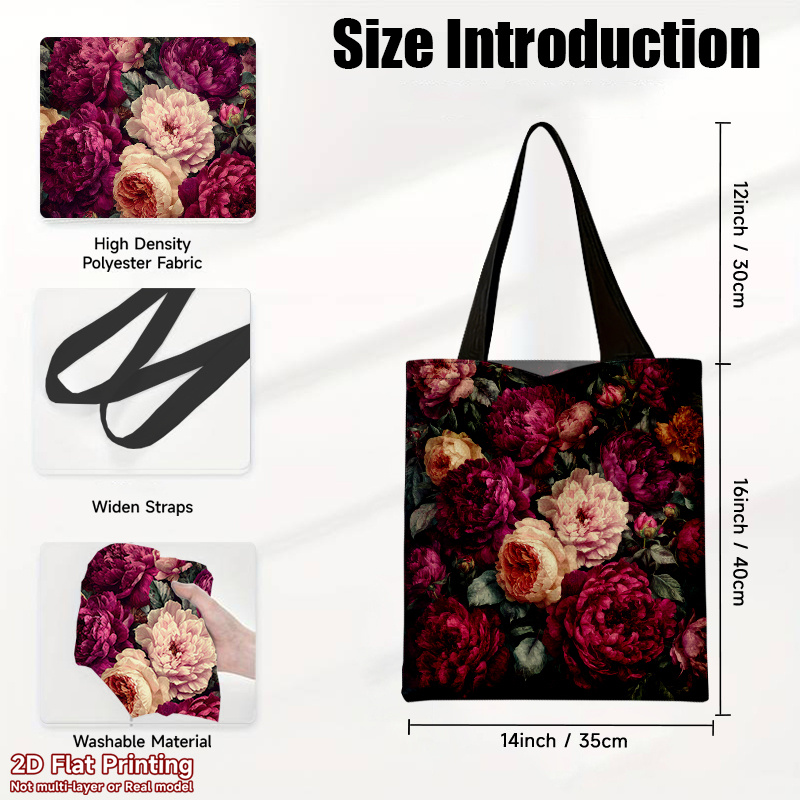 TEMU 1pc Large-capacity Foldable Shoulder Bag Suitable For &, Elegant Dark Red & Pink Peony Bouquet Tote, Reusable Durable Polyester Bag For Travel,