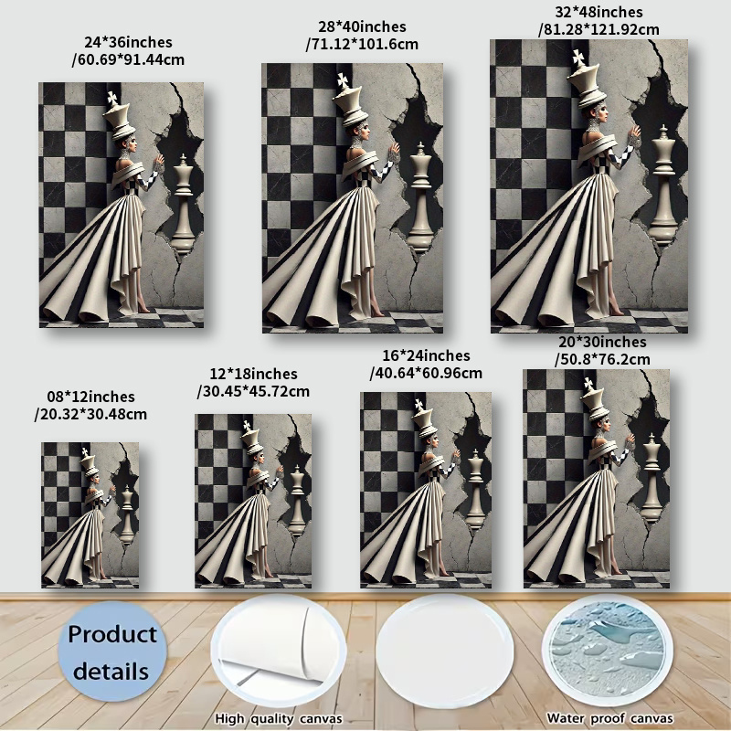 TEMU 2d Flat, 2d Flat 1pc Decorative Canvas Art: Queen In A Black And White Checkerboard With Crumbling Walls - Canvas Painting, 2d Flat