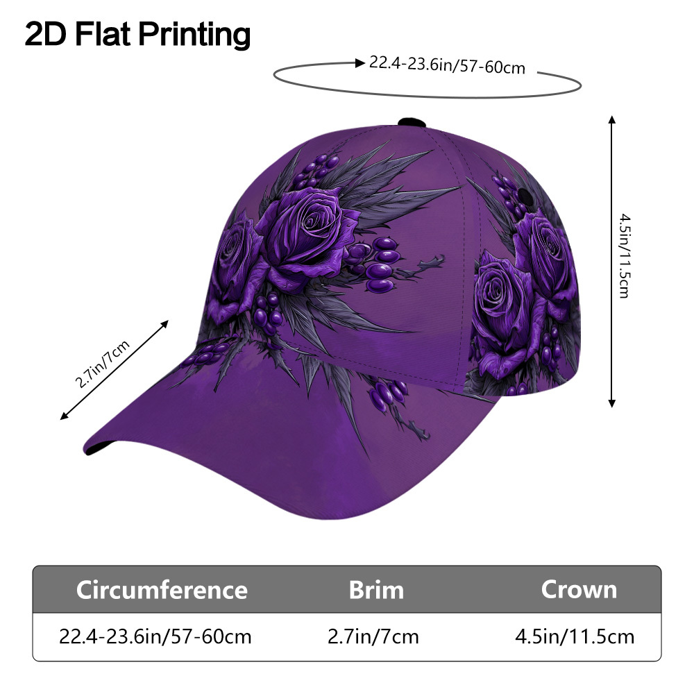 TEMU 1pc 2d Flat Purple Roses On Violet Printed Classic Baseball Cap, Lightweight And Comfortable, Adjustable Design, Stylish Duckbill Cap, Great For